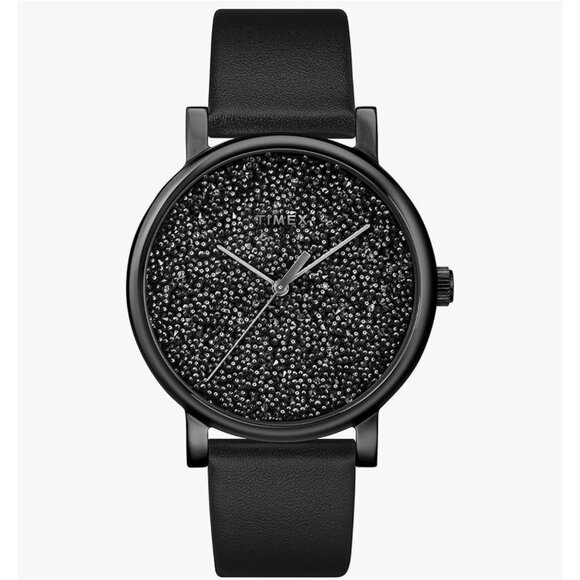 Timex Crystal Opulence Quartz Black Dial Ladies Watch Black silver Leather - Picture 1 of 9